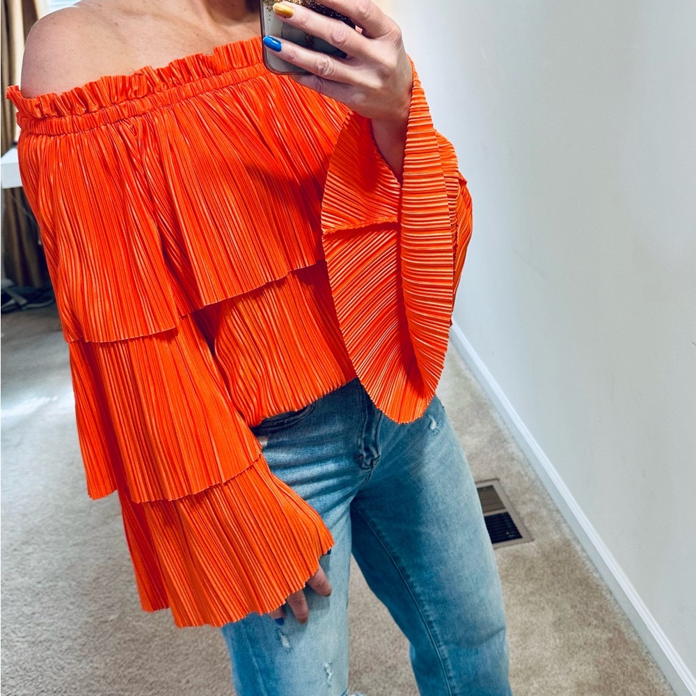 Orange Off-Shoulder Pleated Top
